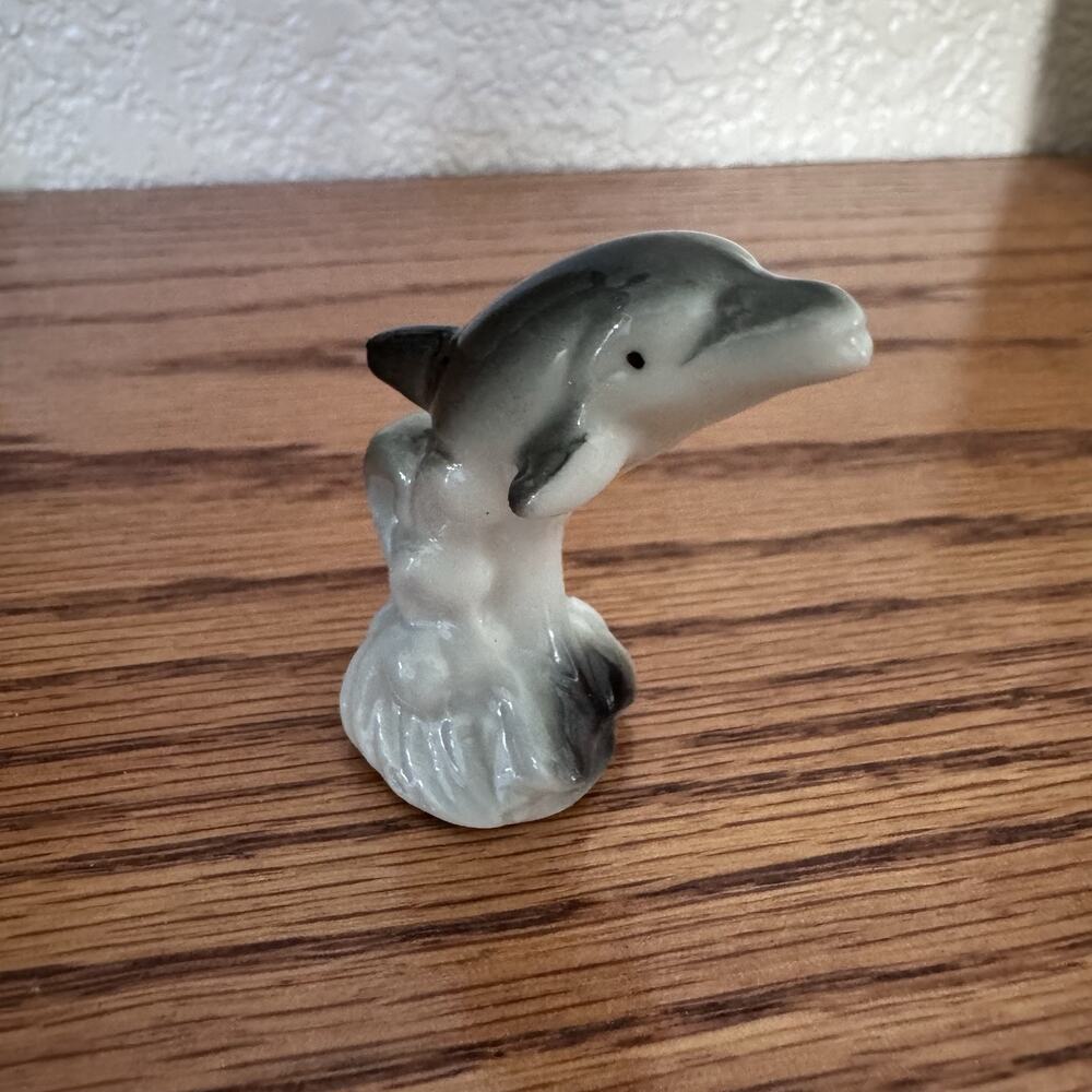 Dolphin Figurine Grey White Ceramic Wave Base 1 3/4” Tall